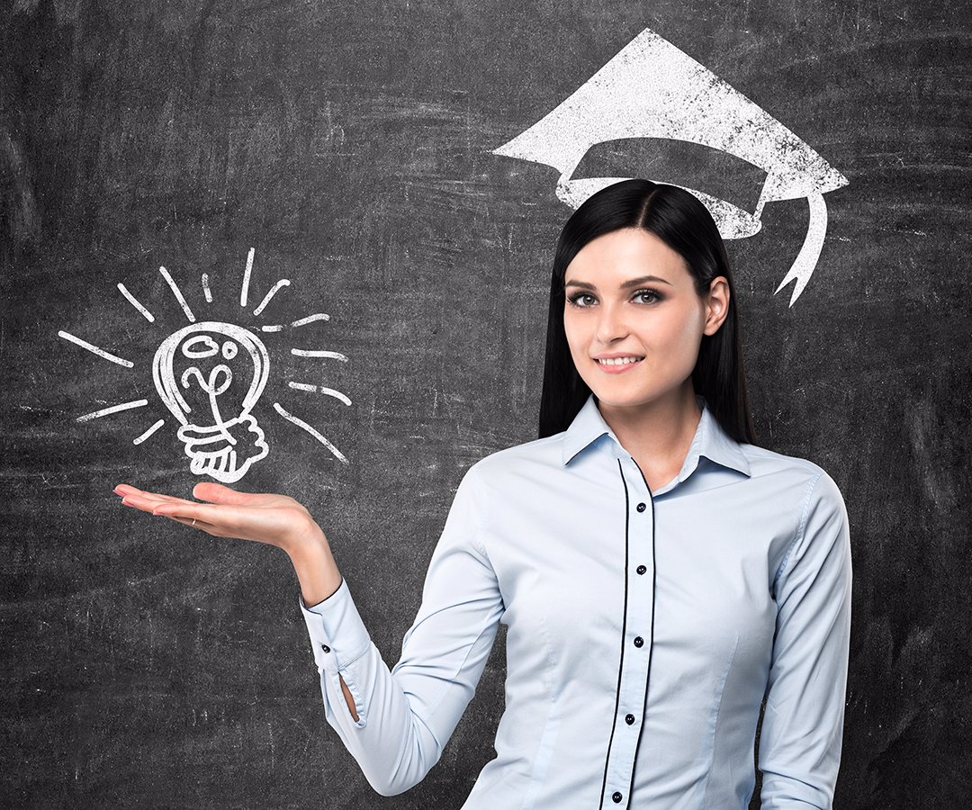 Brunette lady presents a light bulb as a concept of university degree. Graduation hat is drawn above her head.