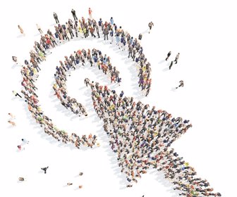 Large group of people in the form of the cursor. Isolated, white background.