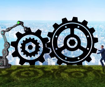 Teamwork concept with businessman and cogwheels