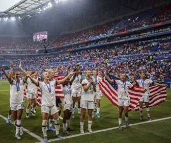 The U.S. team celebrates on July 7. Photographer: Maja Hitij/Getty Images
