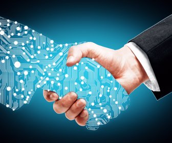 Businessman shaking digital partners hand on blue background