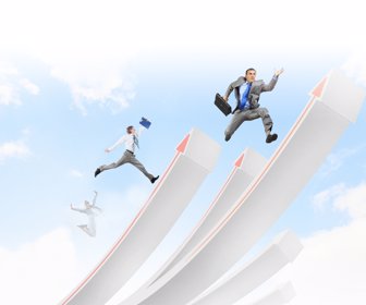 21532421 - young businesspeople jumping on white arrows growth concept