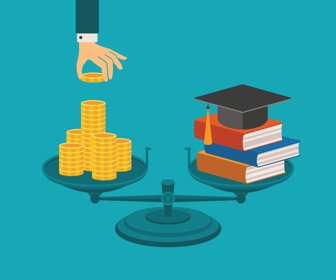 Vector concept of investment in education with coins books and scales